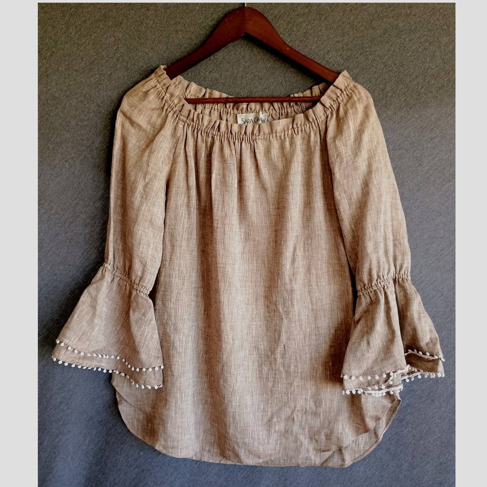 Sara Campbell Linen Off The Shoulder Bell Sleeve Pom Pom Trim Blouse Tan Medium